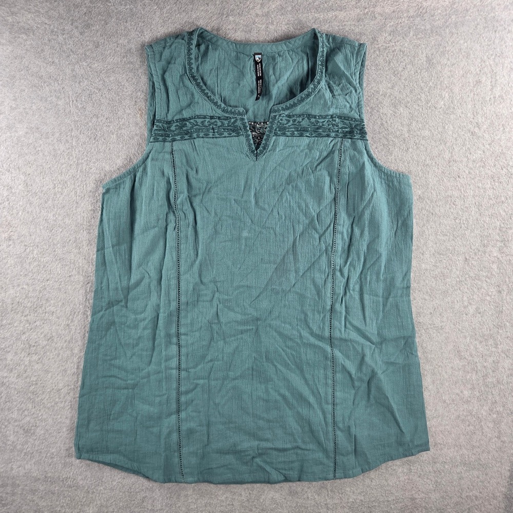 Kuhl Sleeveless Top Womens Small Green Embroidered Split Neck Boho Casual